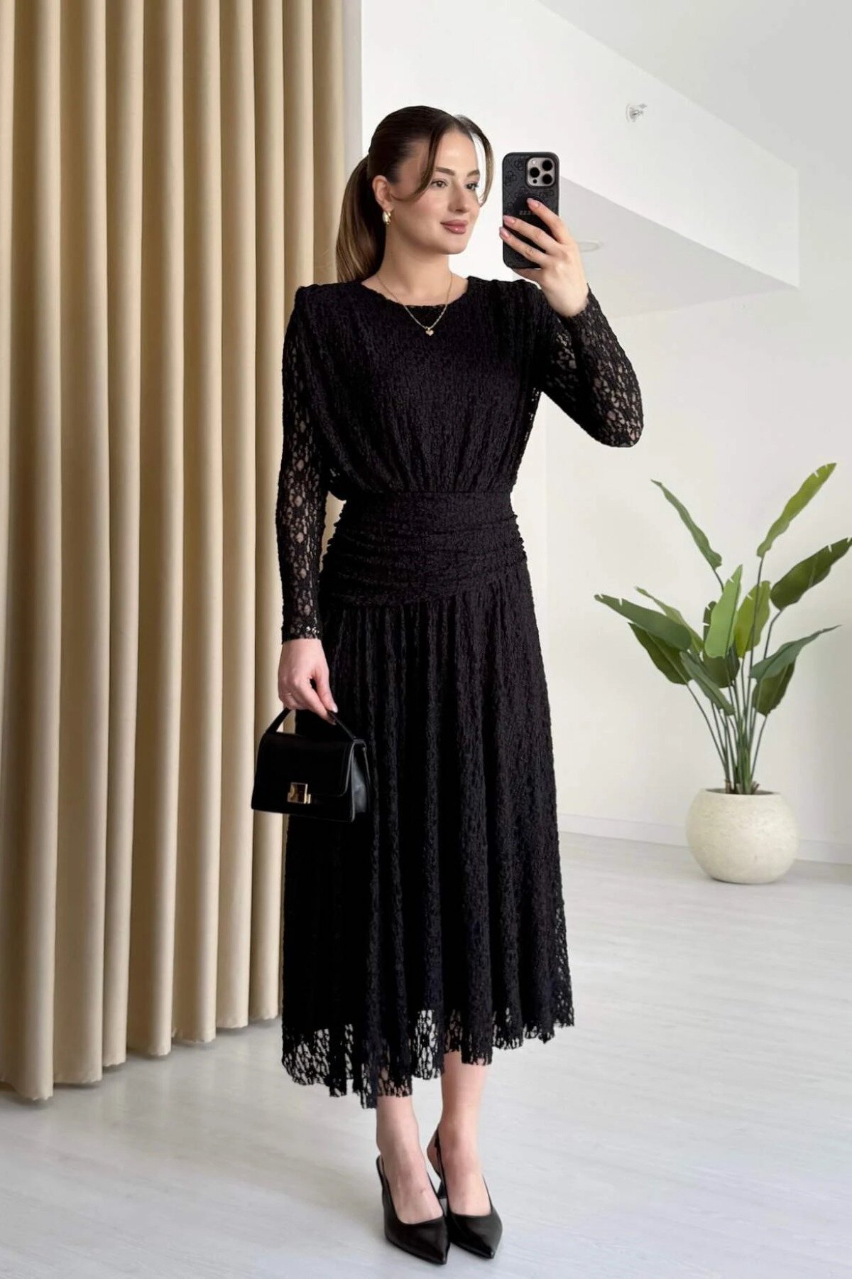 Long Waist-Detail Guipure Lace Dress - Black - MOZENA