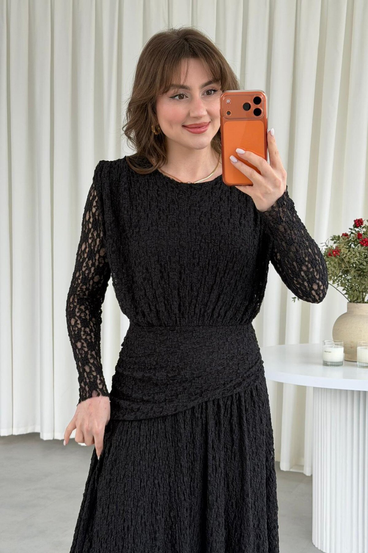 Long Lace Guipure Waist-Detail Dress - Black - MOZENA