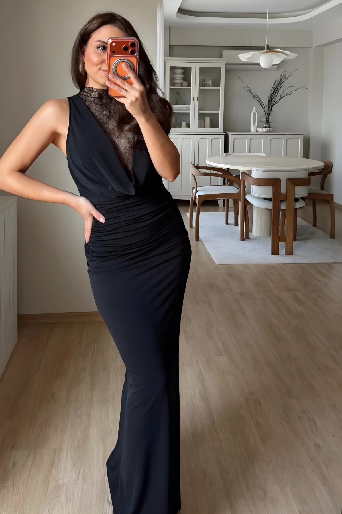 Long Lace Guipure Low-cut Evening Dress - Black - MOZENA