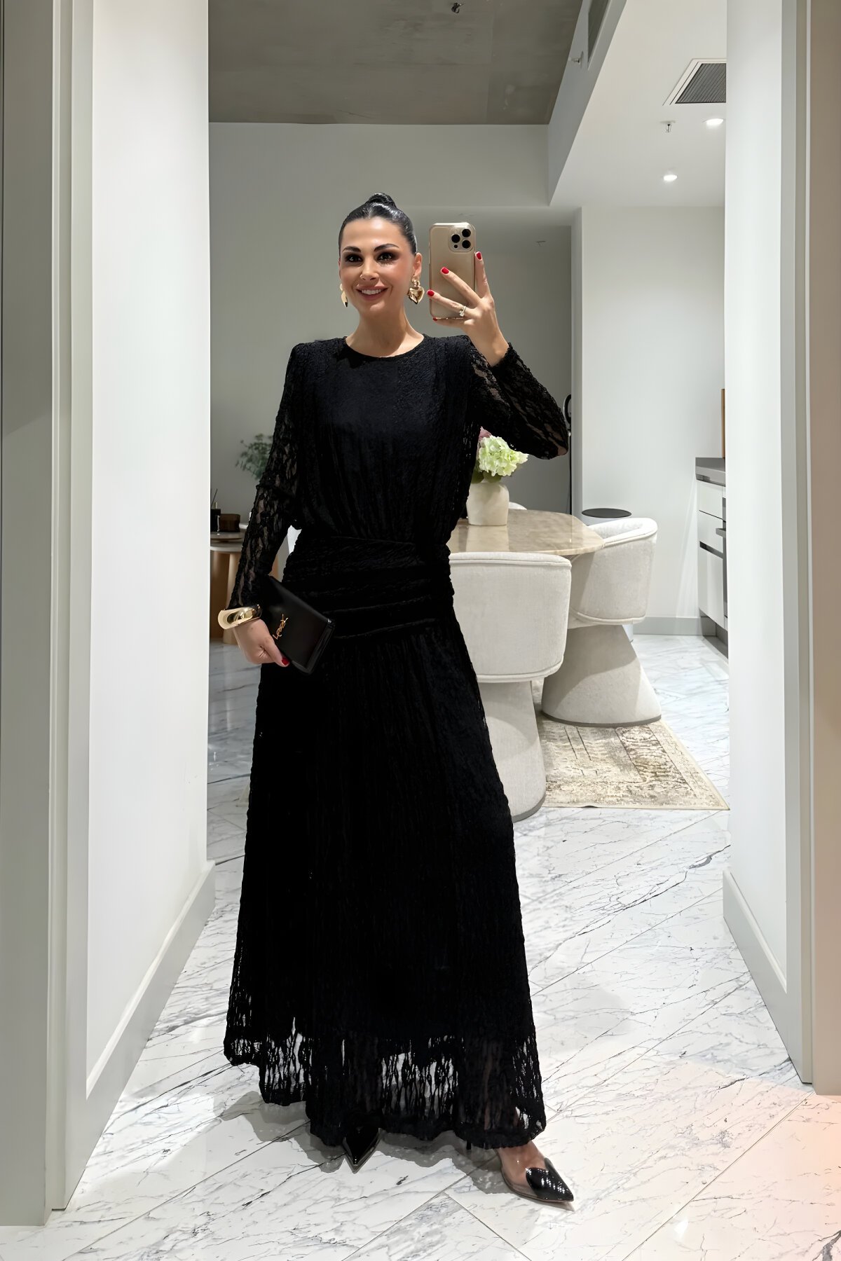 Siyah Uzun Dantel Güpürlü Elbise - MOZENA