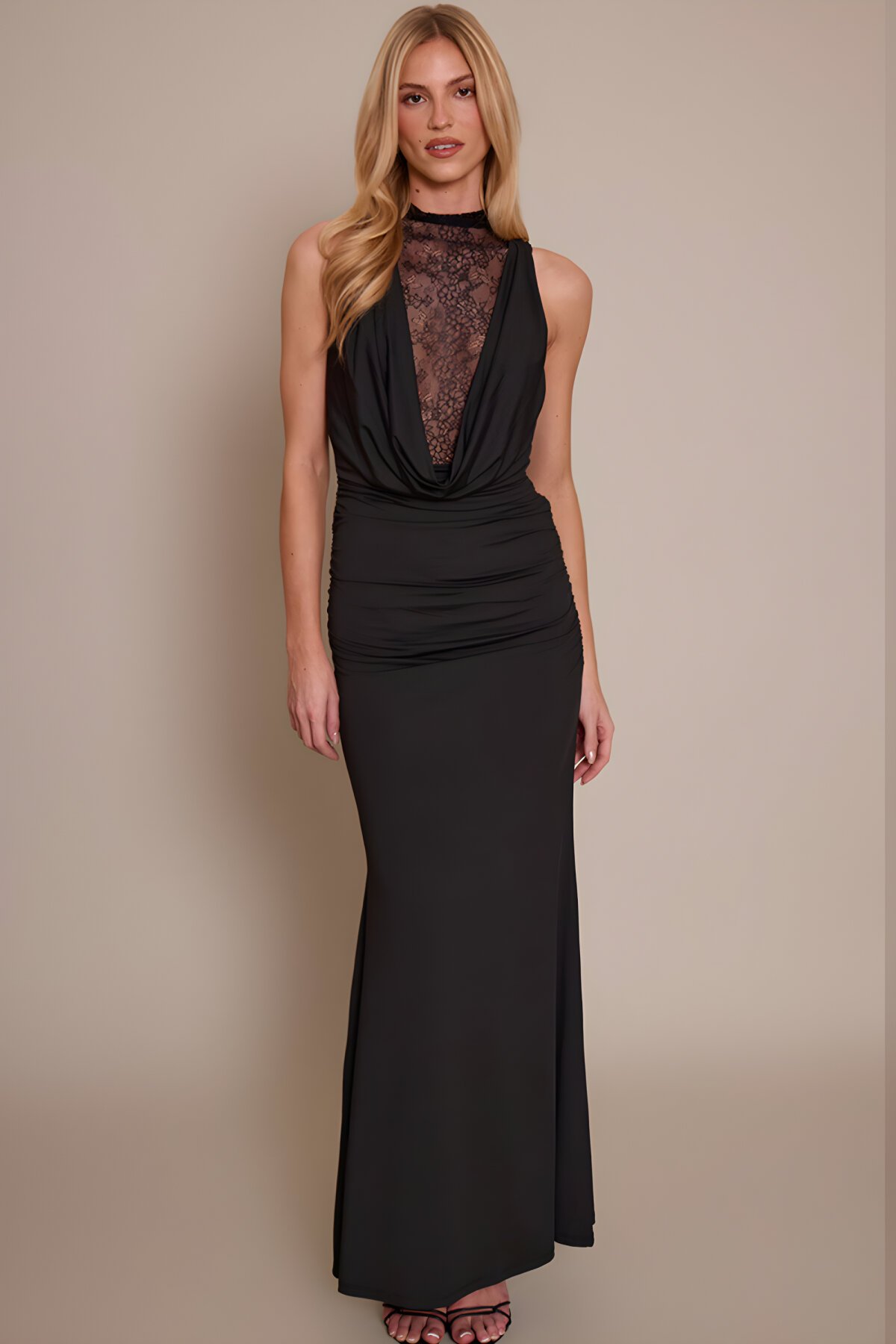 Long Cowl Neck Lace Guipure Evening Dress - Black - MOZENA