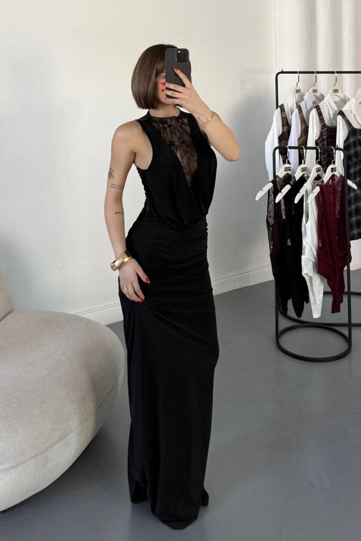 Long Deep Cowl Neck Lace Evening Dress - Black - MOZENA