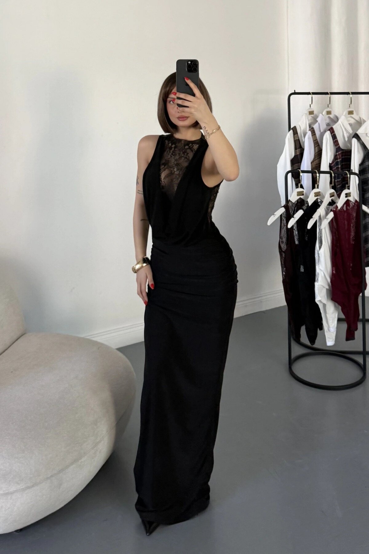 Long Deep Cowl Neck Lace Evening Dress - Black - MOZENA