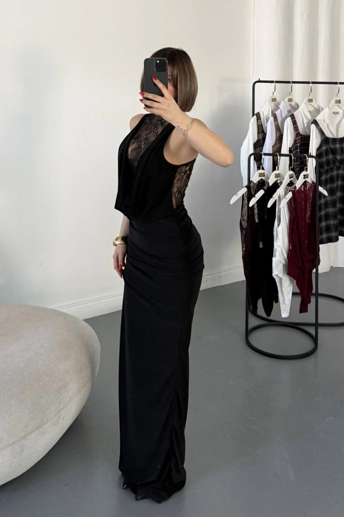 Long Deep Cowl Neck Lace Evening Dress - Black - MOZENA