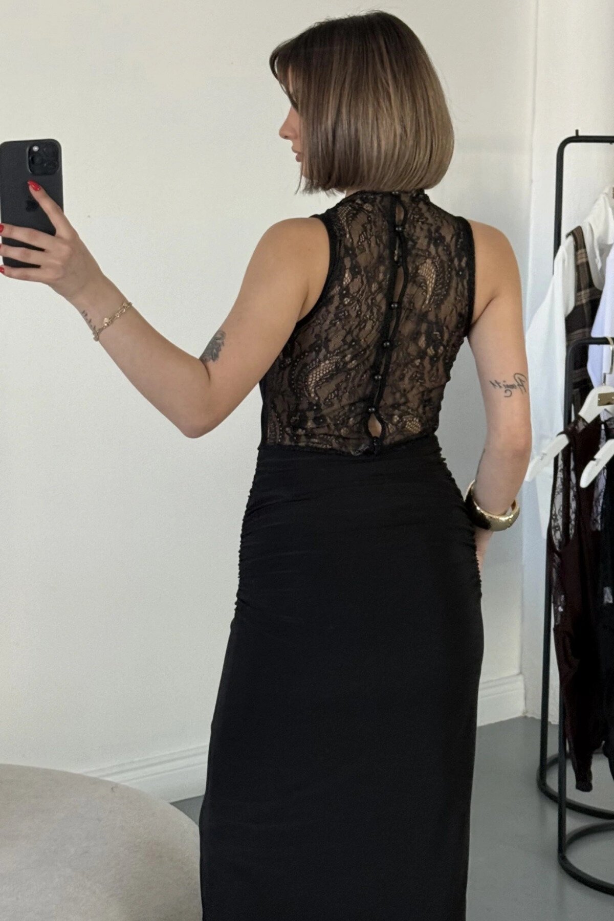 Long Deep Cowl Neck Lace Evening Dress - Black - MOZENA