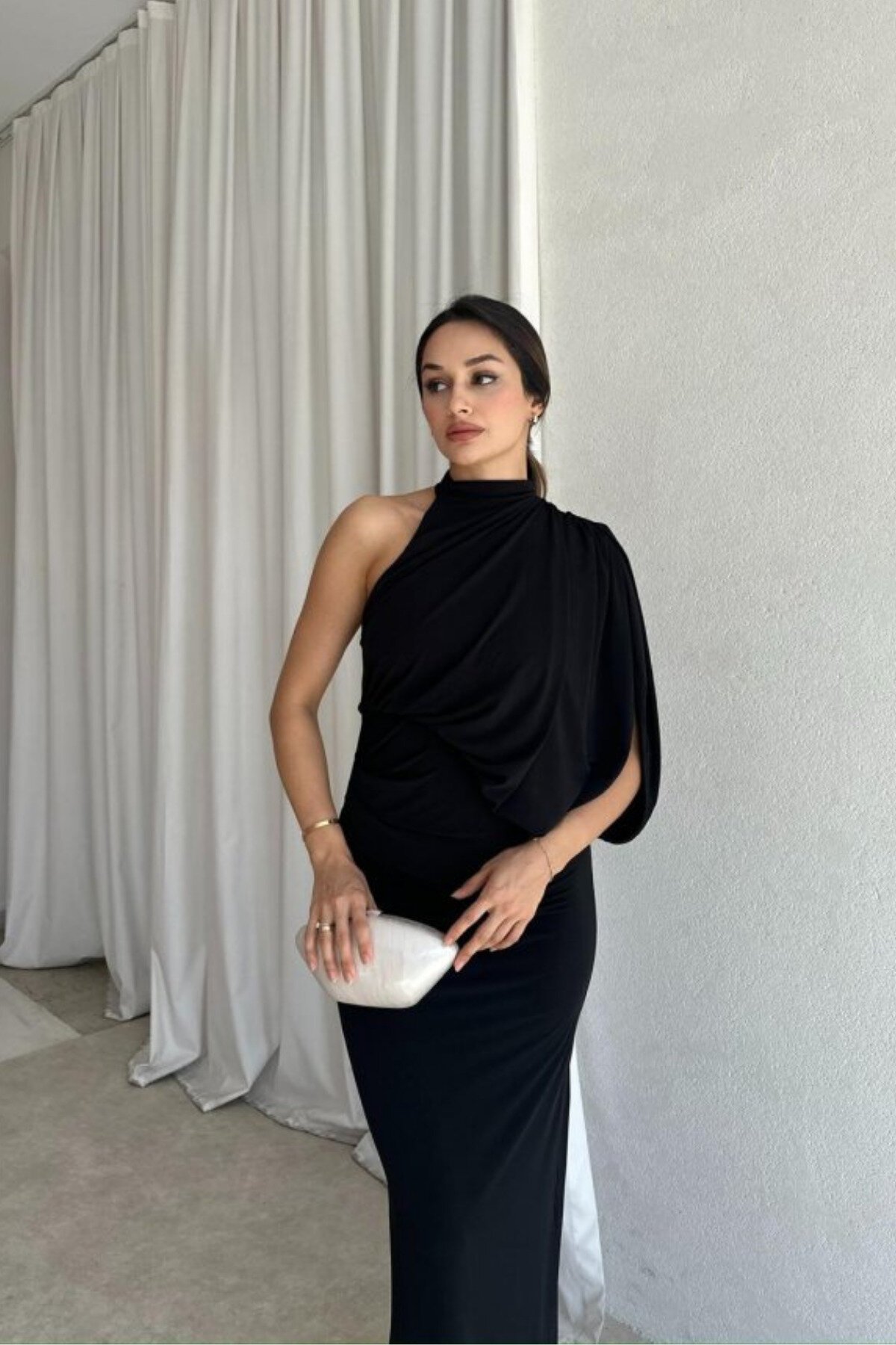 Long One-Shoulder Drape-Detail Evening Dress - Black - MOZENA