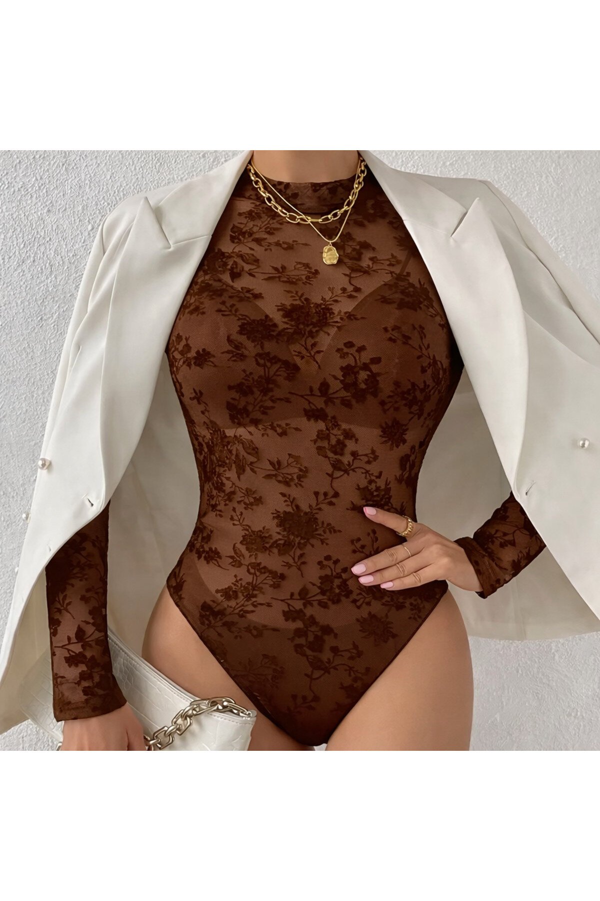 Kahverengi Kadife Flok Baskılı Çiçekli Çıtçıtlı Body - my cherie