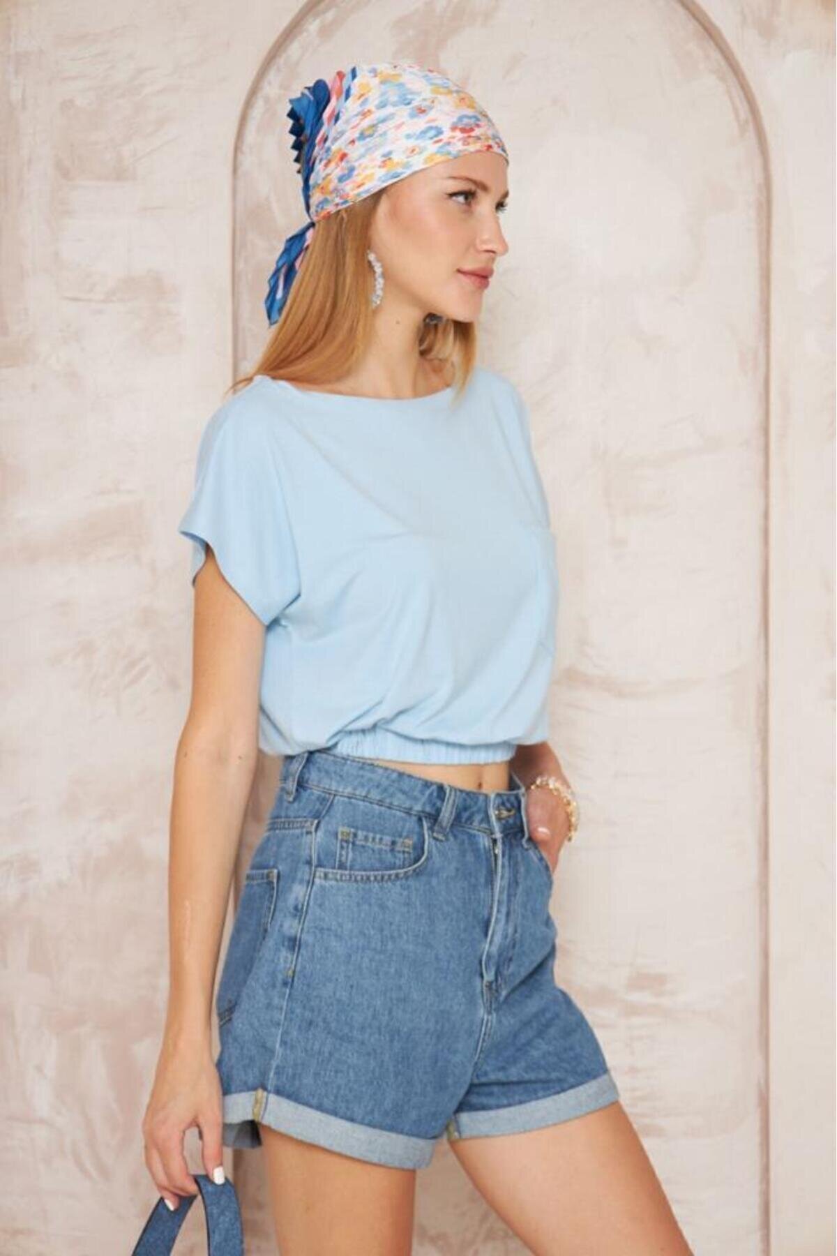 Bebe Mavi Kısa Kol Eteği Lastikli Cepli Crop Bluz - Pasaklı Giyim