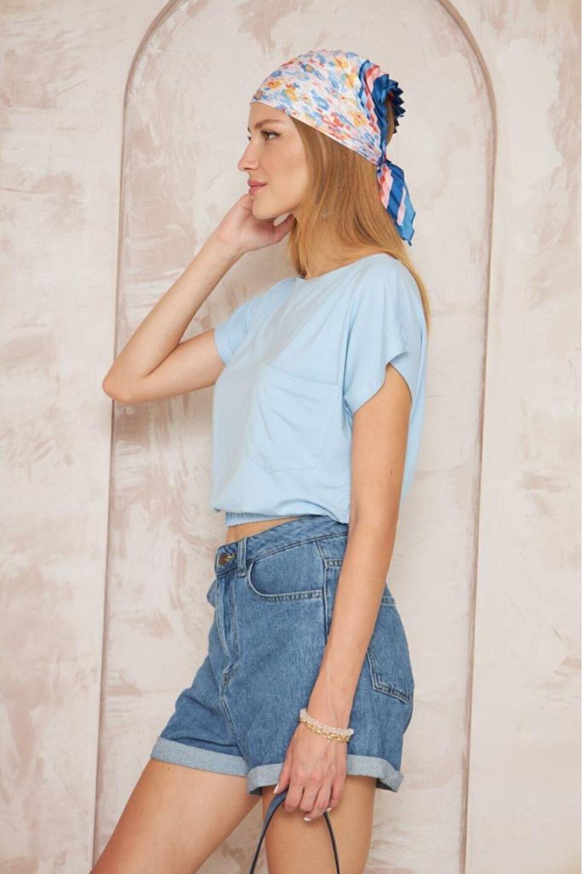Bebe Mavi Kısa Kol Eteği Lastikli Cepli Crop Bluz - Pasaklı Giyim