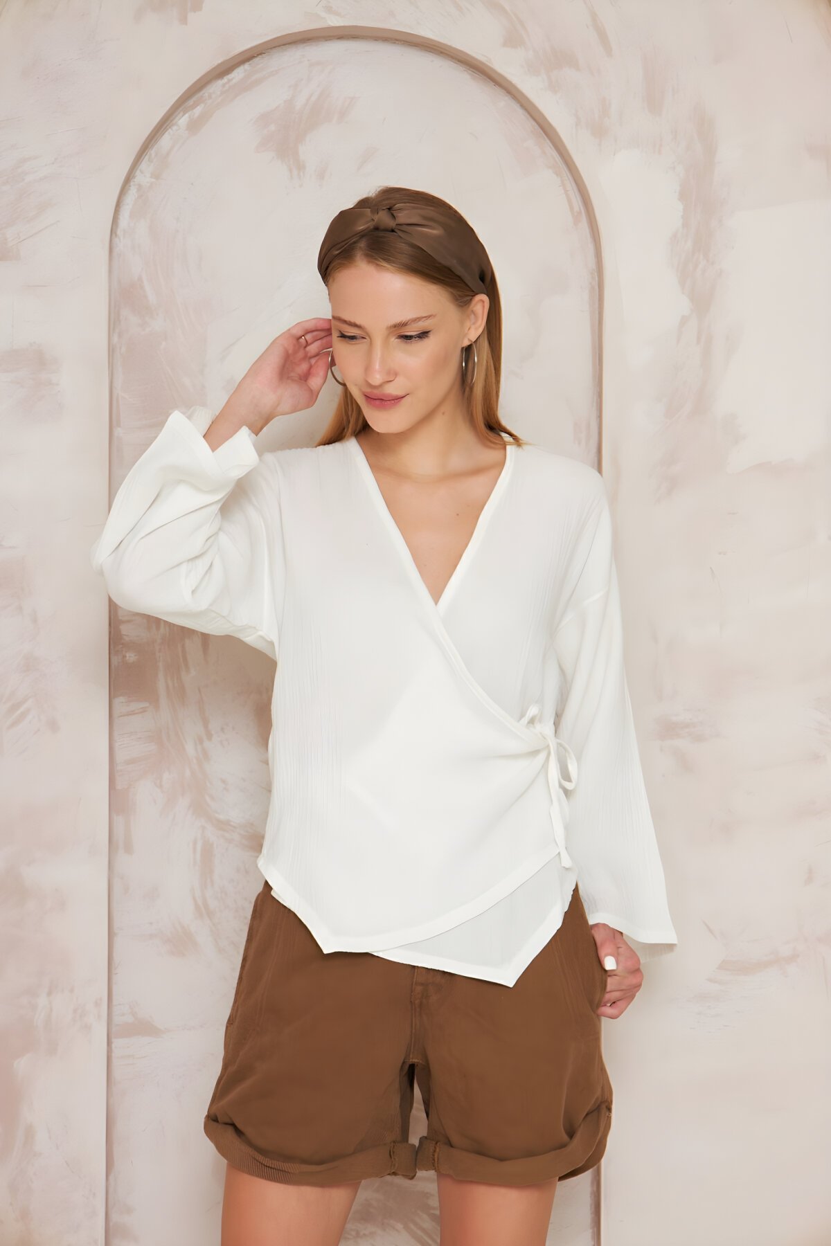 Loose Wrap Cotton Muslin Tie-Waist Blouse - White - Pasaklı Giyim