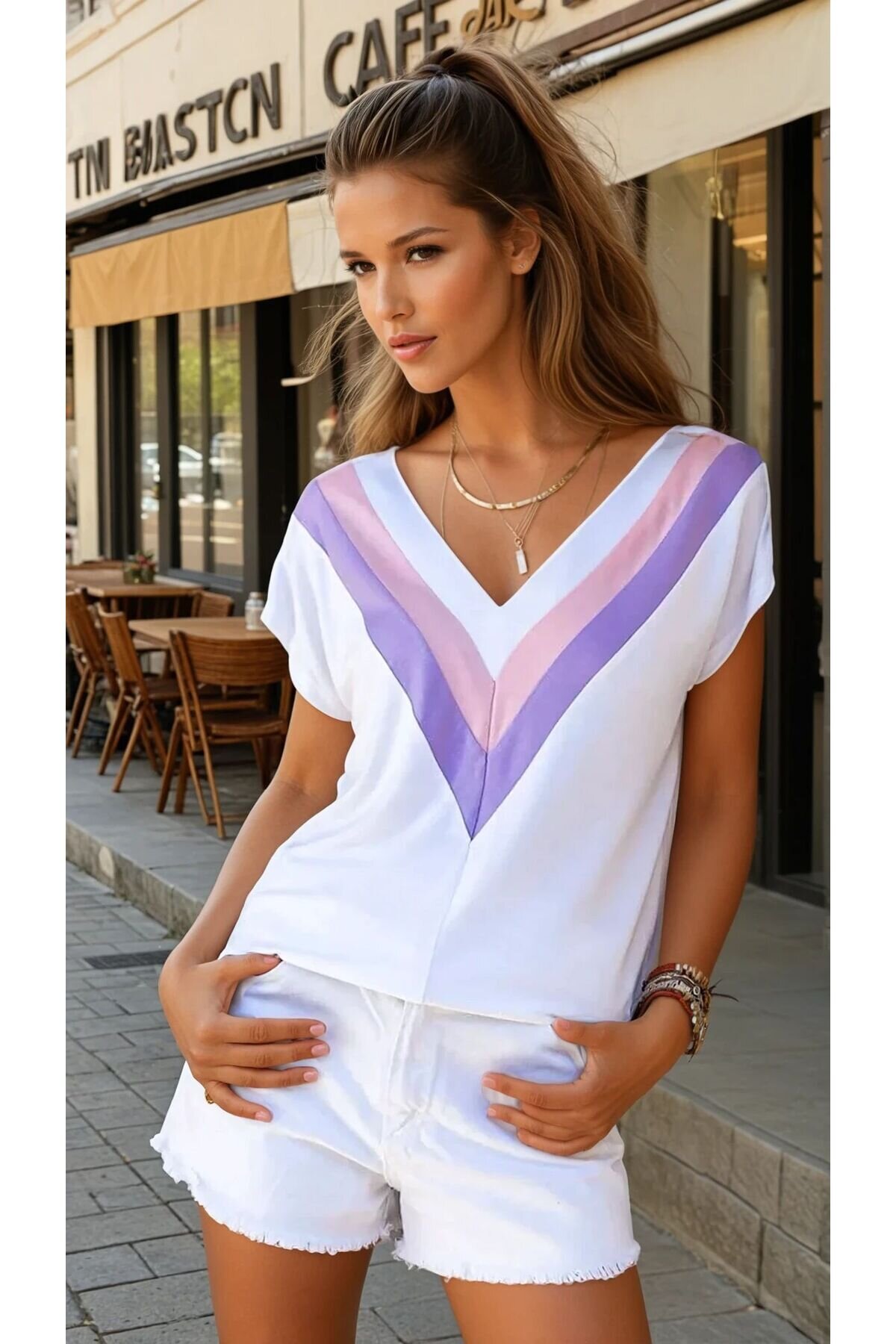 Short-Sleeve V-Neck Sweat-proof Blouse - White - Pasaklı Giyim