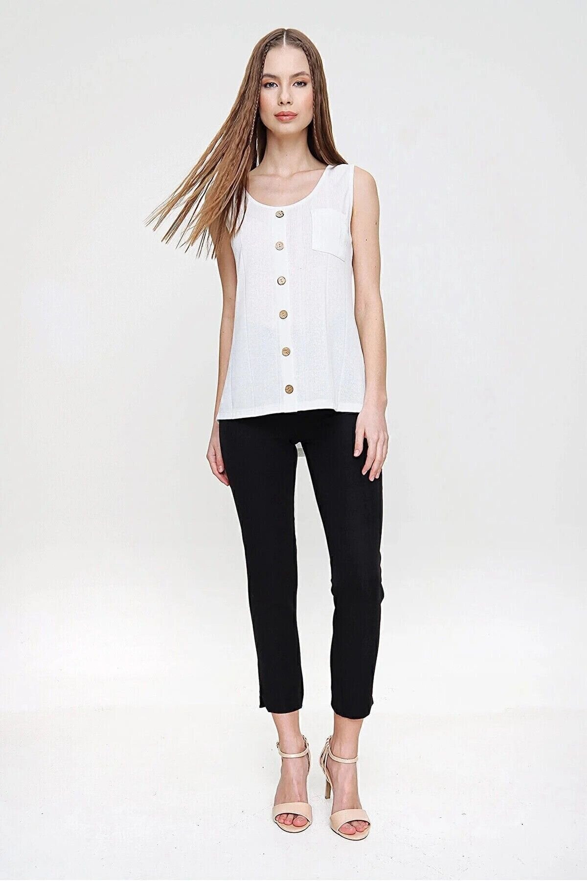 Thin Strap Knit Buttoned Blouse - Ecru - Pasaklı Giyim