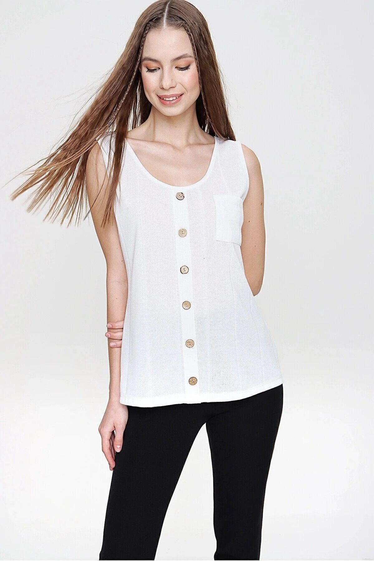 Thin Strap Knit Buttoned Blouse - Ecru - Pasaklı Giyim