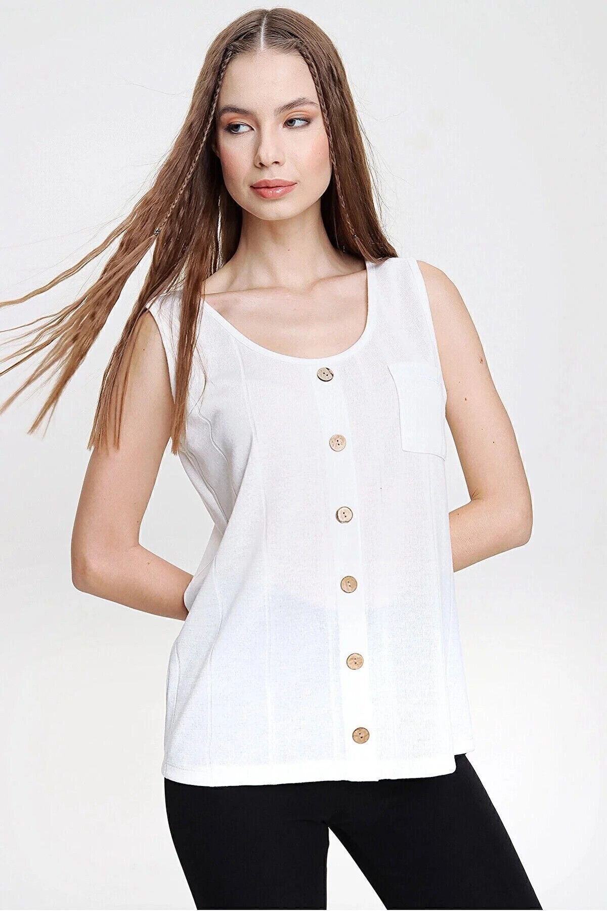 Thin Strap Knit Buttoned Blouse - Ecru - Pasaklı Giyim