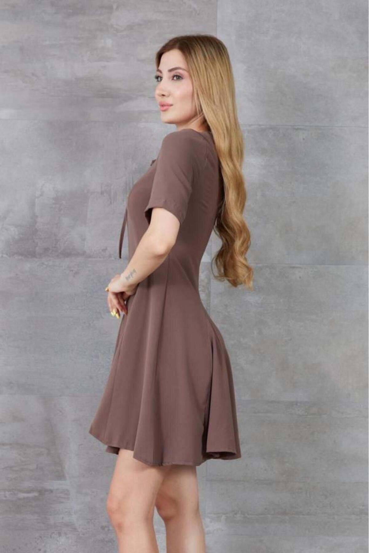 Kahverengi Vizon Mini Volanlı Kısa Kollu Elbise - Pasaklı Giyim