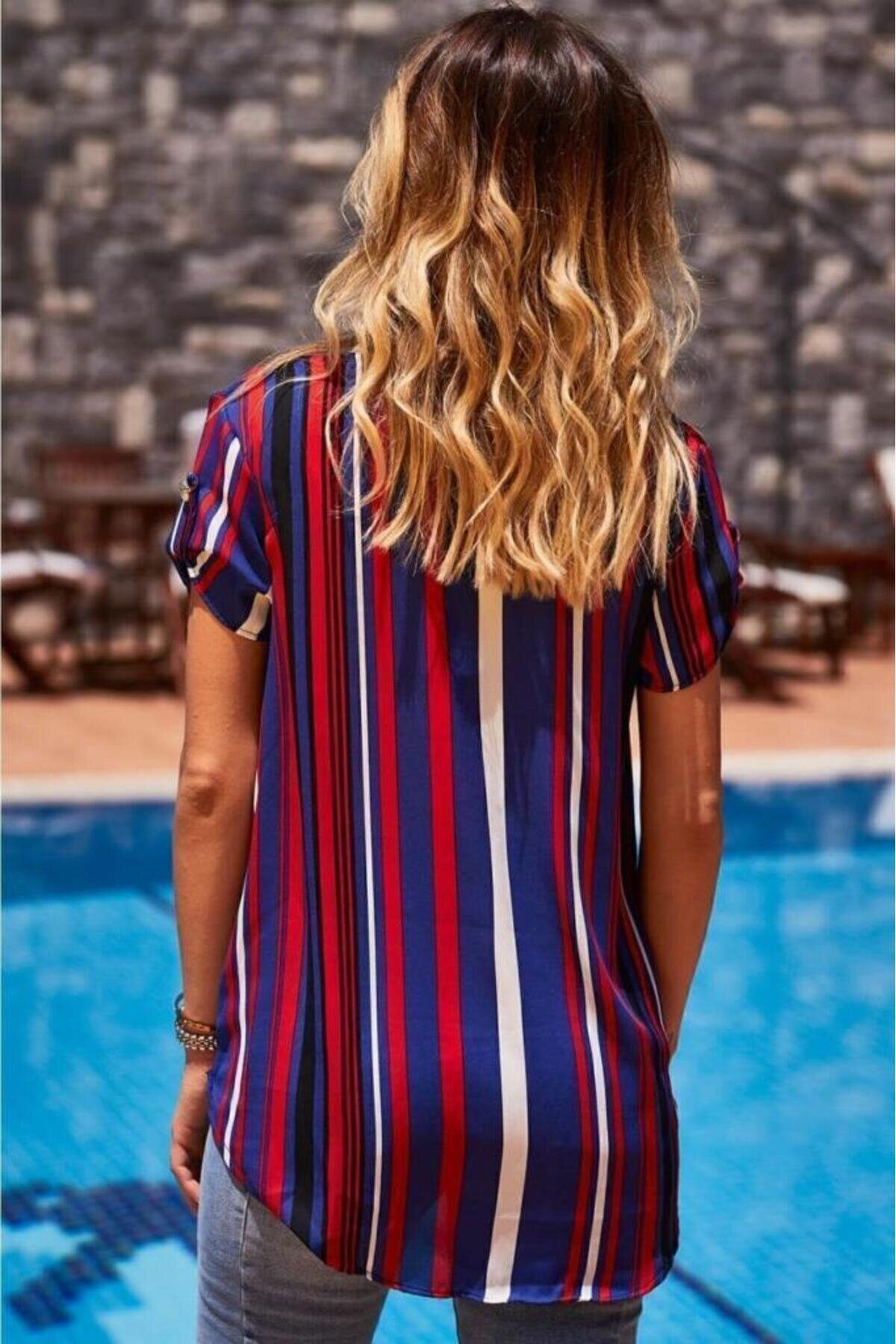 Short-Sleeve Striped Slit-Neck Tie-up Blouse - Navy Blue - Pasaklı Giyim