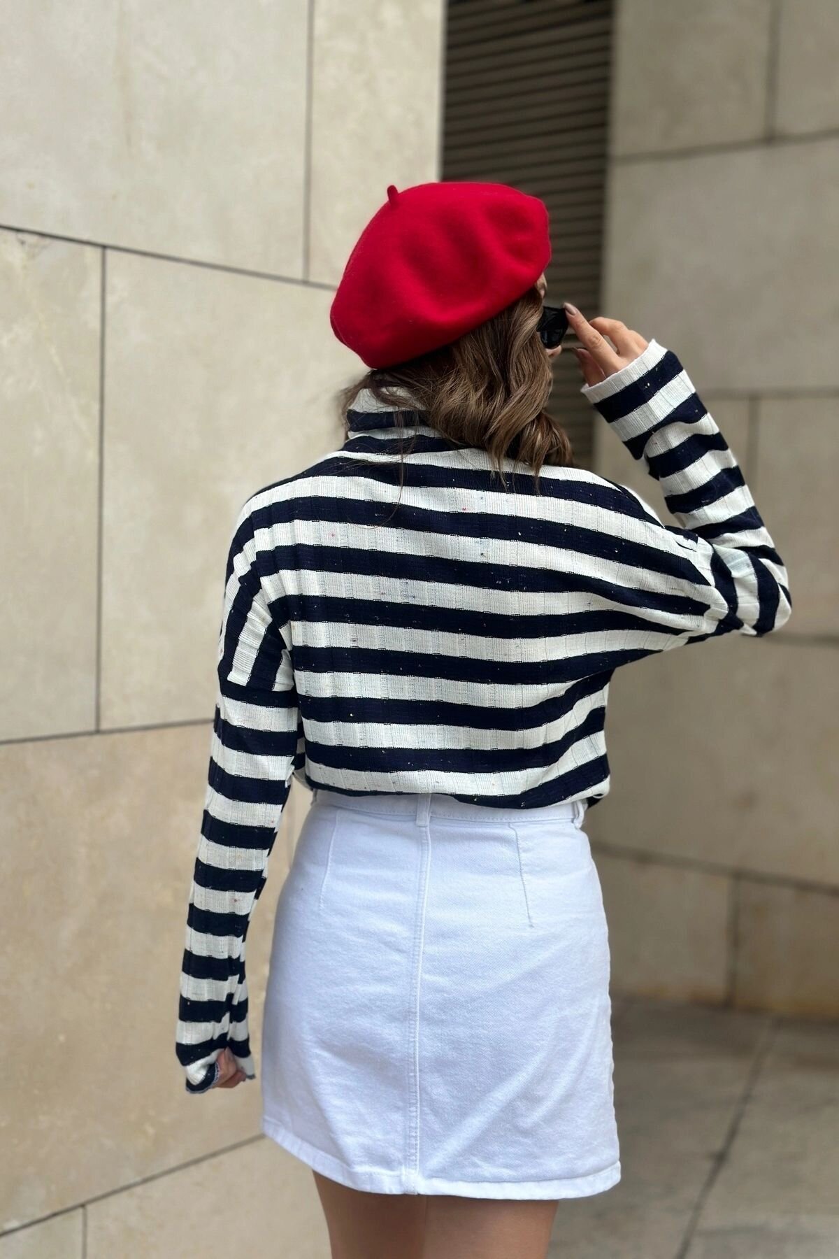 Long Sleeve Striped Ribbed Knit Blouse - Navy Blue & Ecru - Pasaklı Giyim