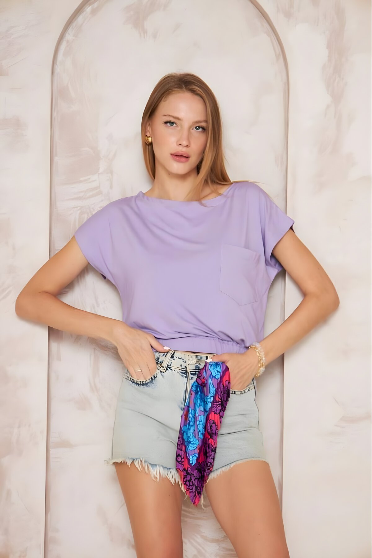 Lila Crop Eteği Lastikli Cepli Bluz - Pasaklı Giyim