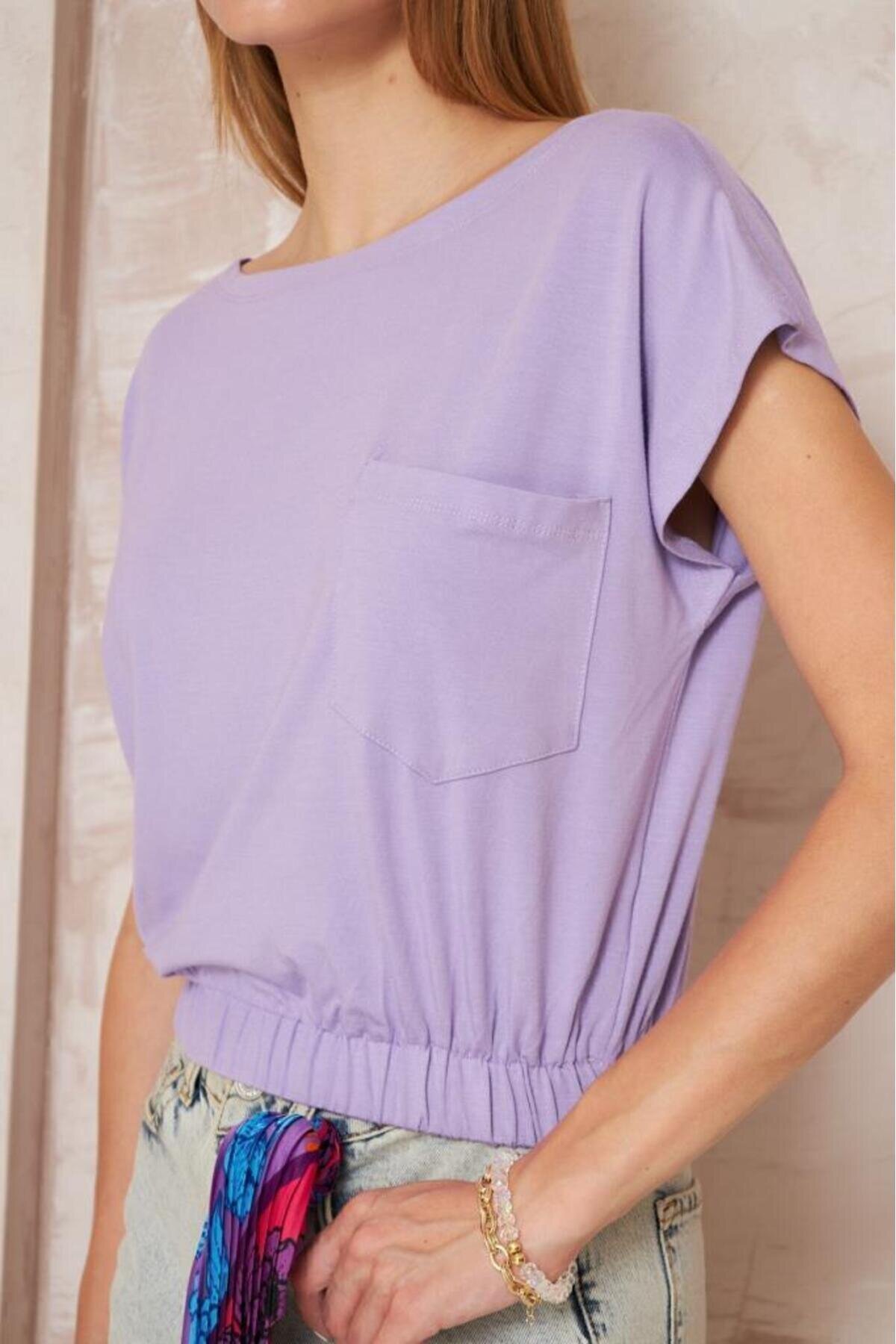 Lila Crop Eteği Lastikli Cepli Bluz - Pasaklı Giyim