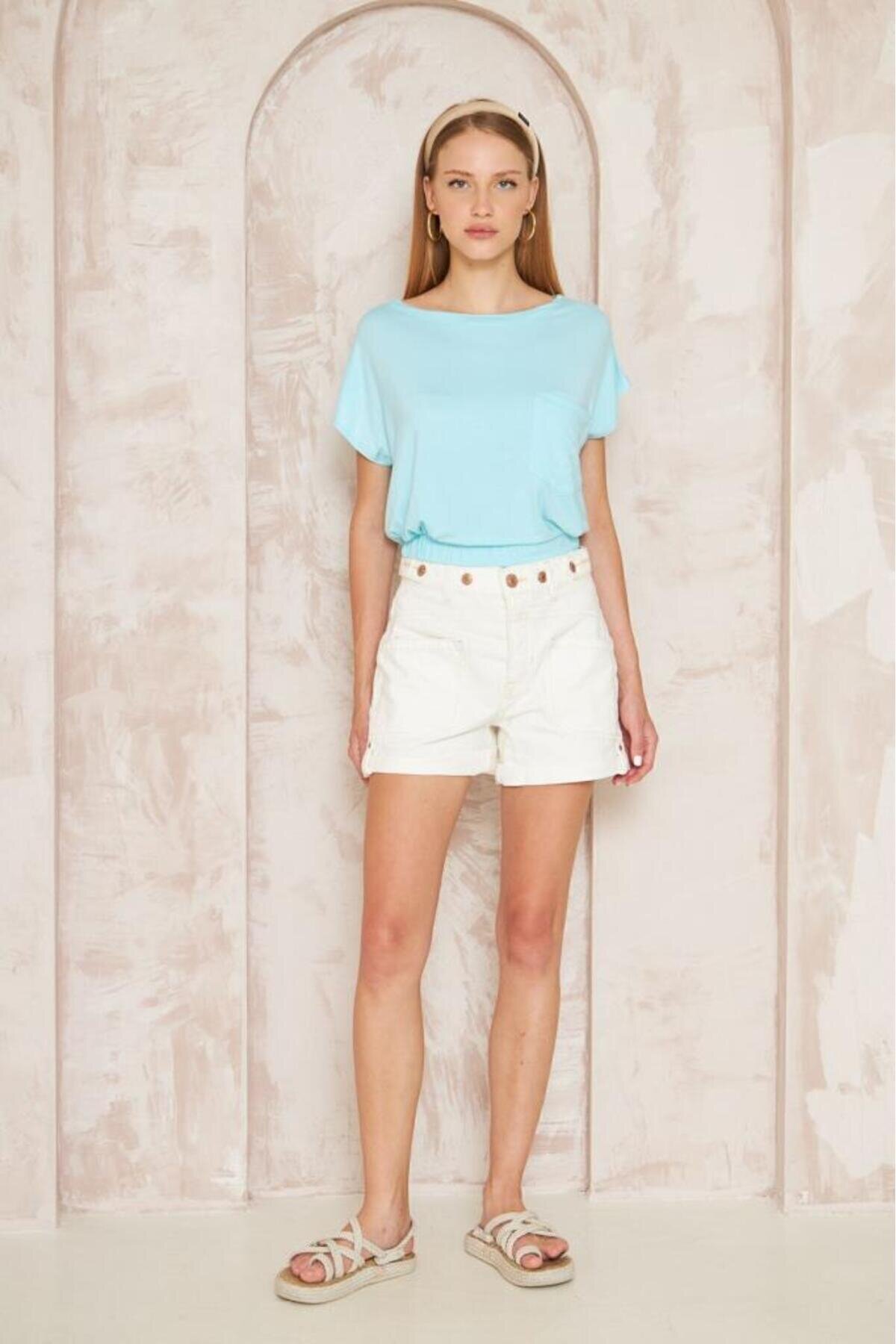 Mint Yeşili Kısa Kol Geniş Yuvarlak Yaka Eteği Lastikli Cepli Crop Bluz - Pasaklı Giyim