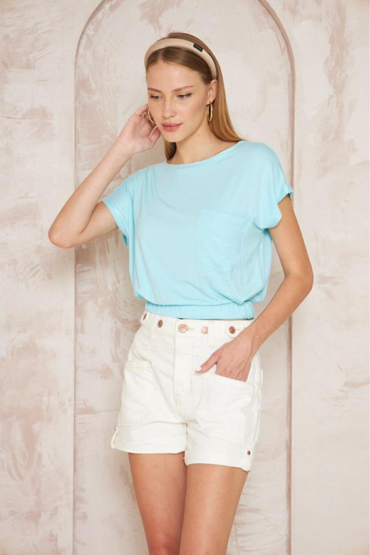 Mint Yeşili Kısa Kol Geniş Yuvarlak Yaka Eteği Lastikli Cepli Crop Bluz - Pasaklı Giyim