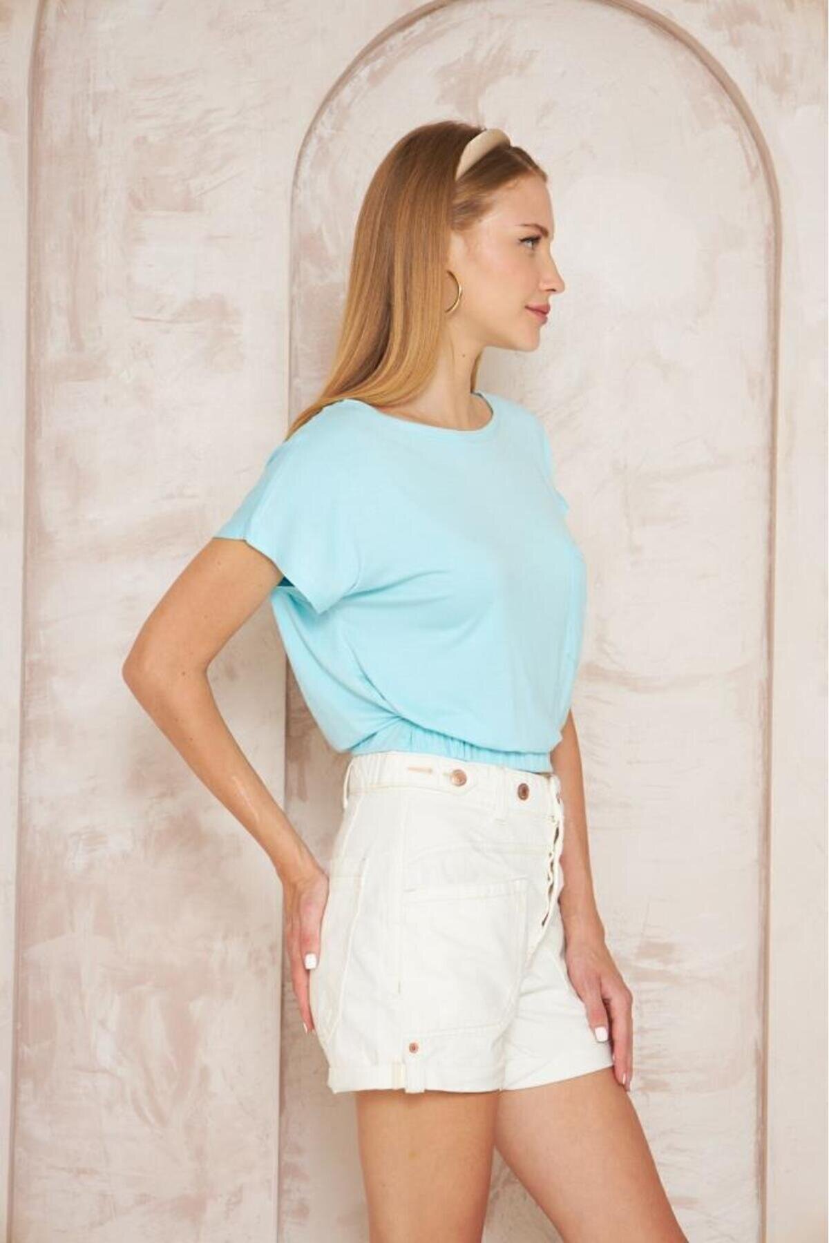 Mint Yeşili Kısa Kol Geniş Yuvarlak Yaka Eteği Lastikli Cepli Crop Bluz - Pasaklı Giyim