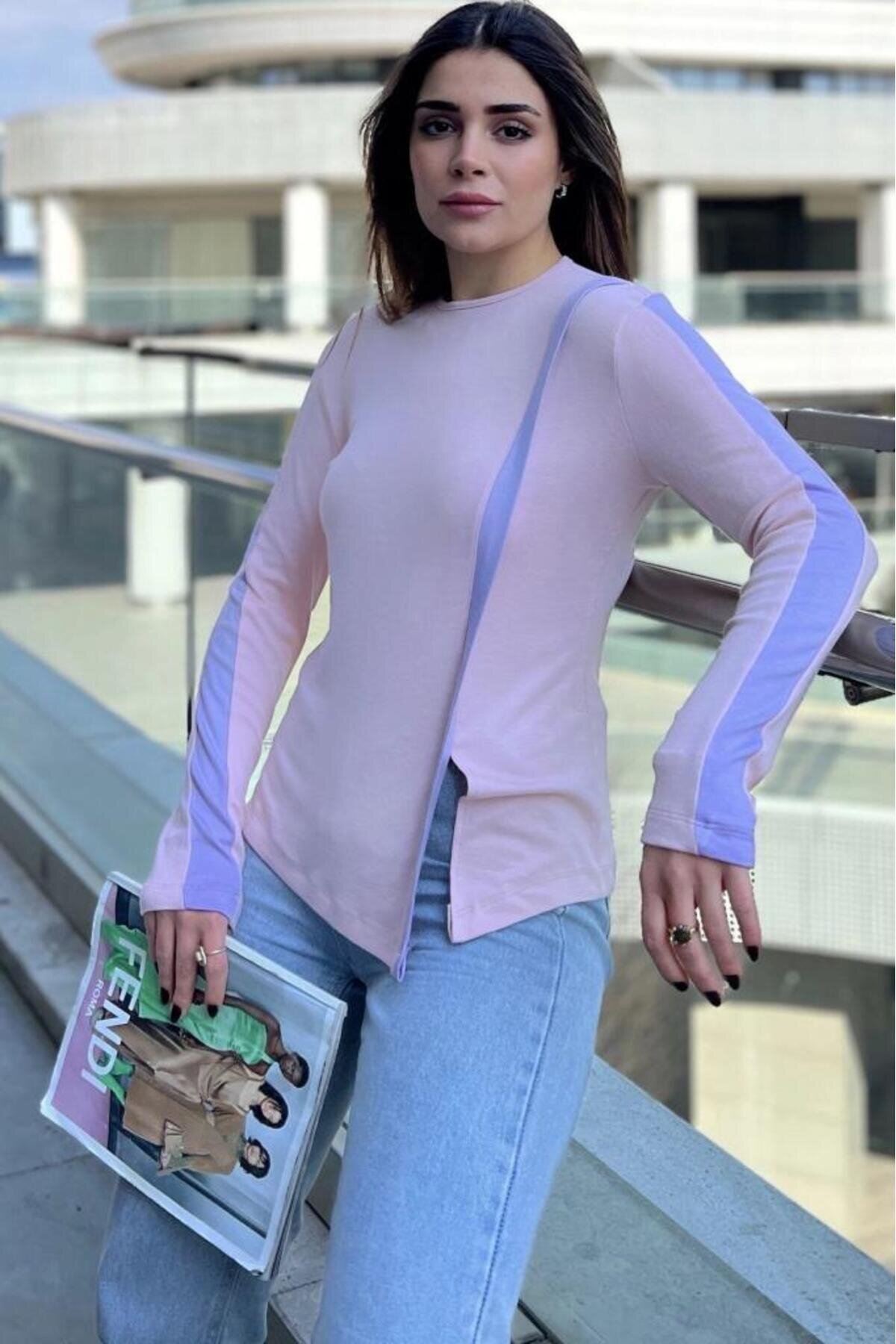 Pembe Asimetrik Uzun Kollu Yırtmaçlı Bluz - Pasaklı Giyim