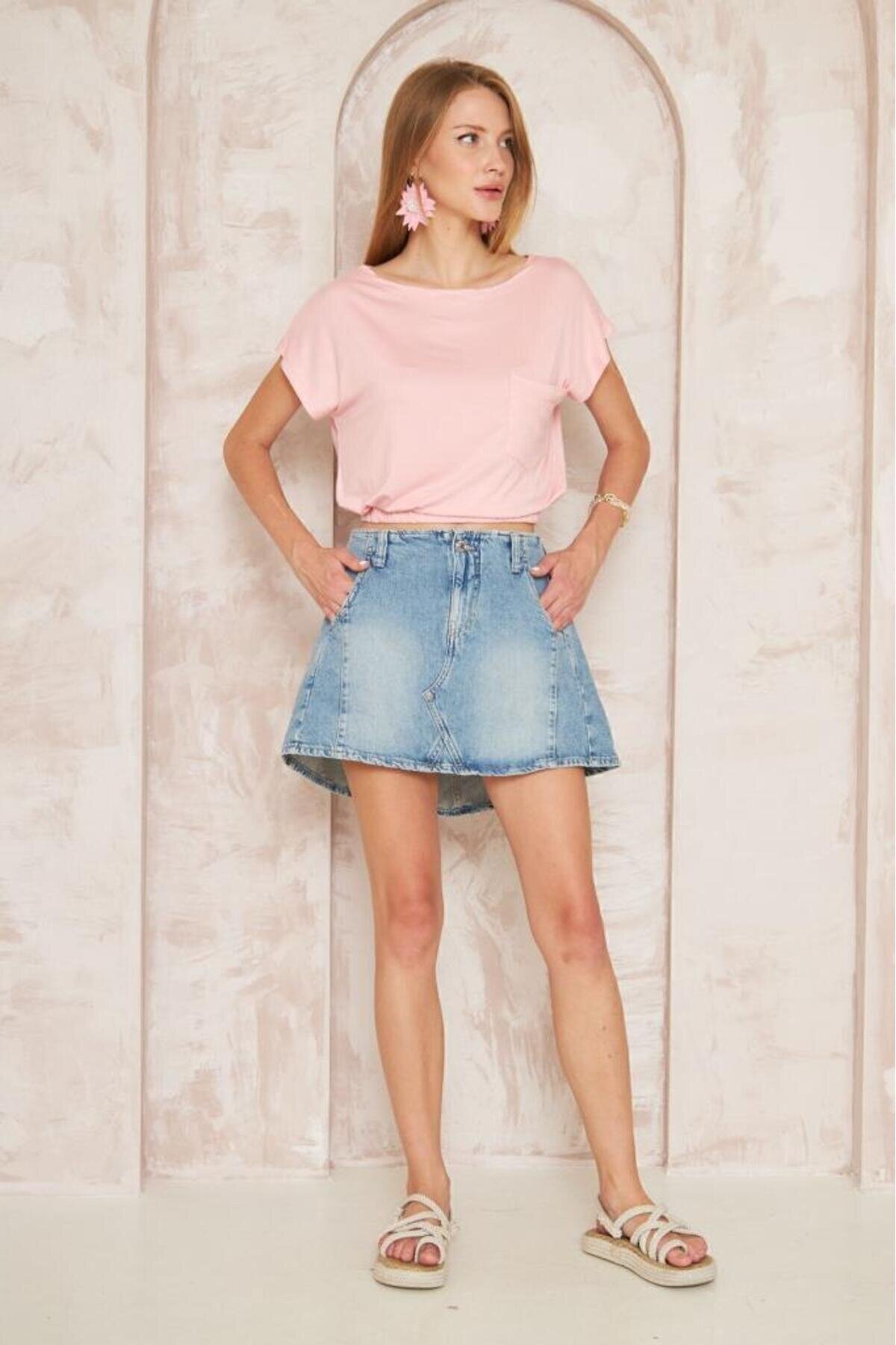Pembe Kısa Kol Eteği Lastikli Cepli Crop Bluz - Pasaklı Giyim