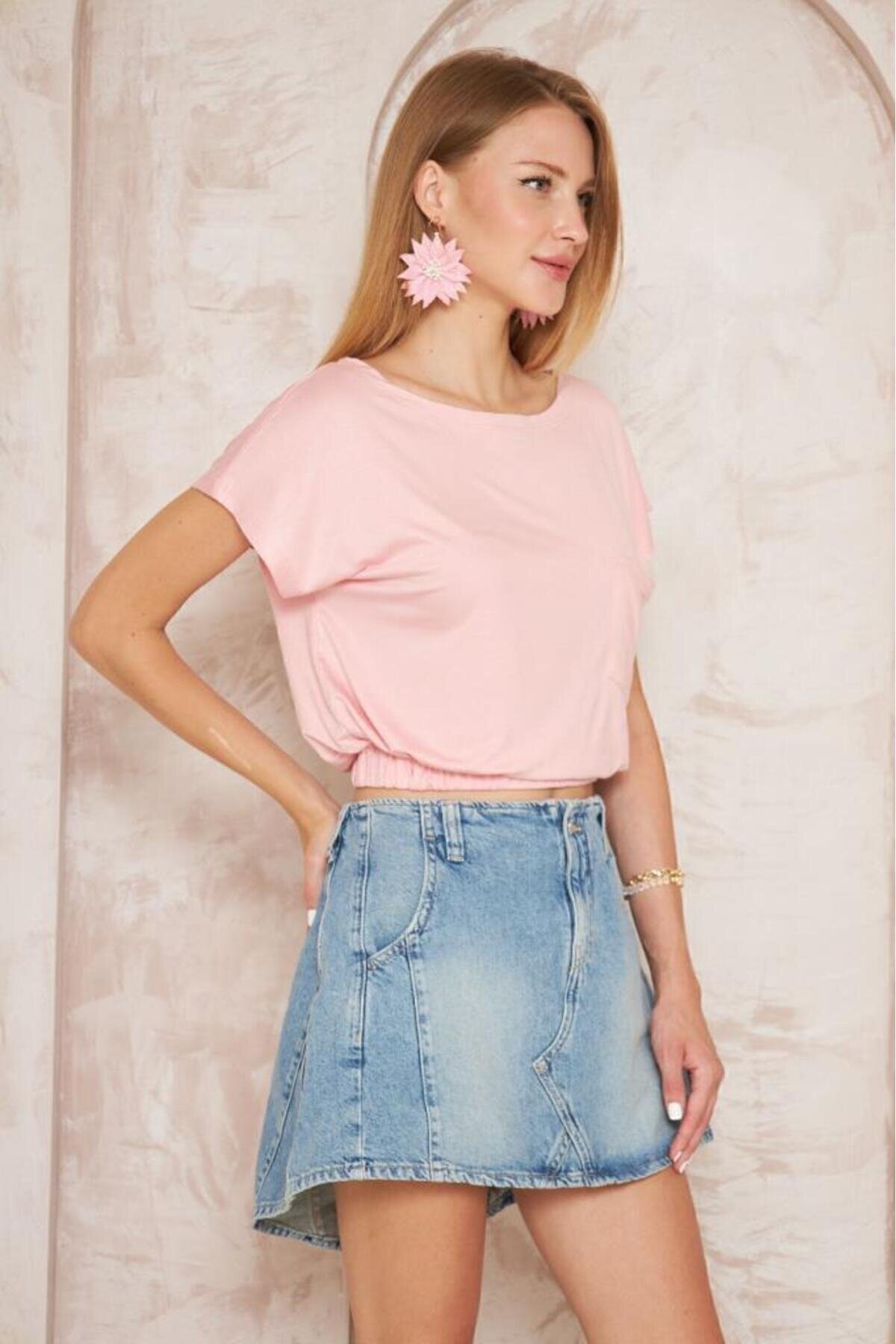 Pembe Kısa Kol Eteği Lastikli Cepli Crop Bluz - Pasaklı Giyim