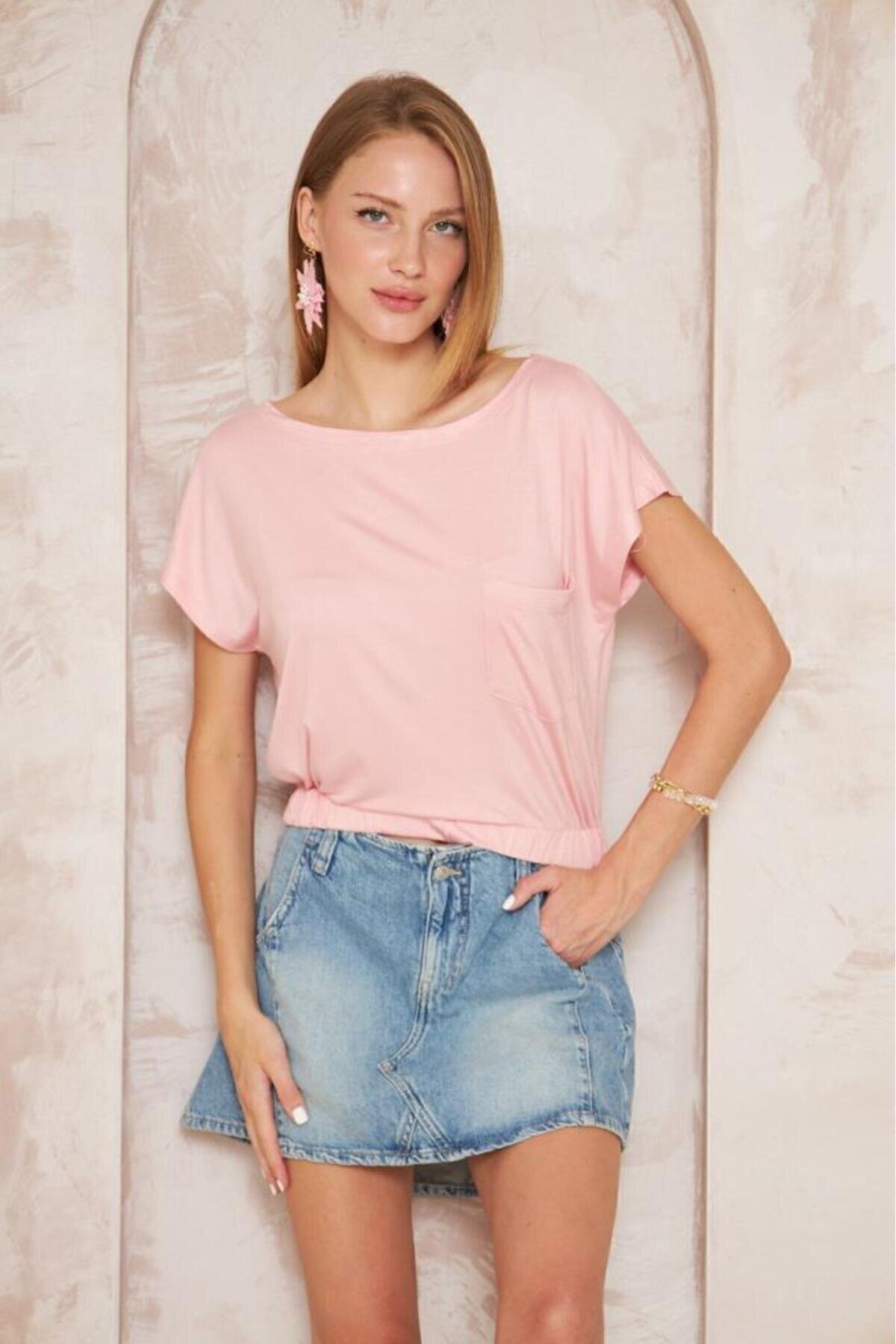 Pembe Kısa Kol Eteği Lastikli Cepli Crop Bluz - Pasaklı Giyim