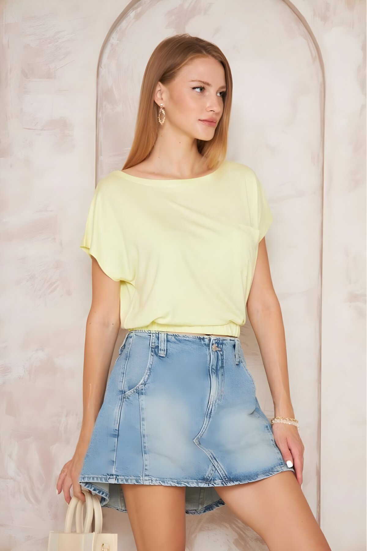Sarı Kısa Kol Eteği Lastikli Cepli Crop Bluz - Pasaklı Giyim