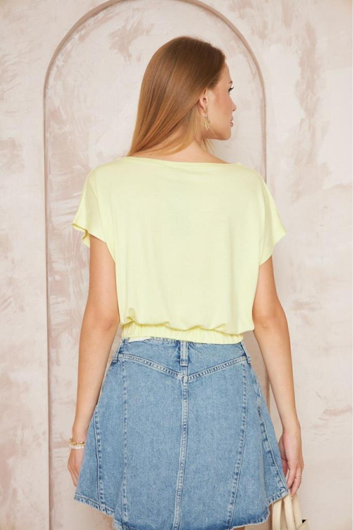 Sarı Kısa Kol Eteği Lastikli Cepli Crop Bluz - Pasaklı Giyim