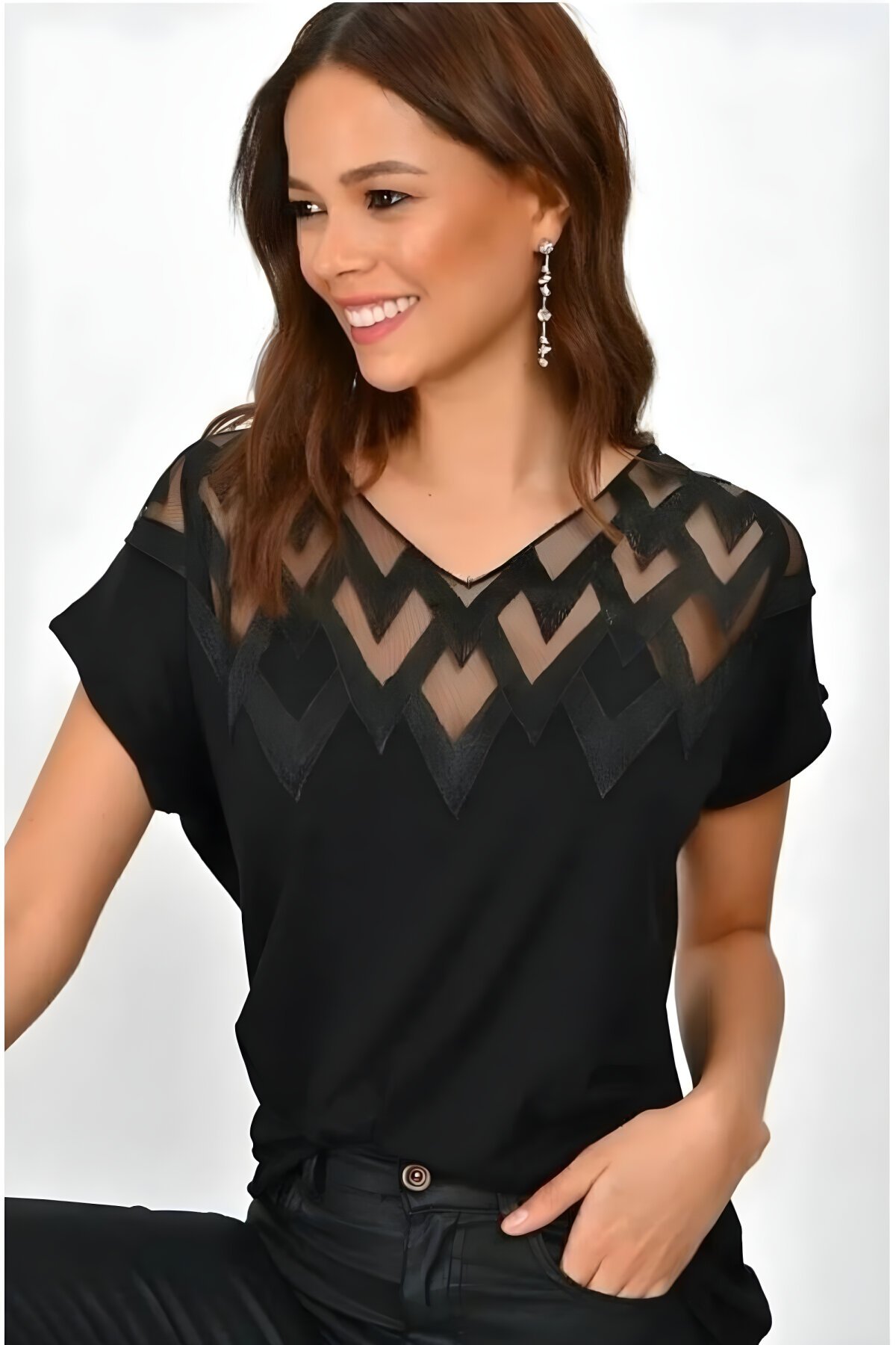 Short Sleeve Embroidered Sweat-proof Cut-out Blouse - Black - Pasaklı Giyim