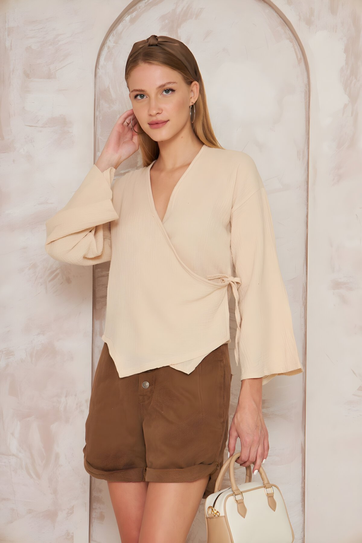 Taş Müslin Salaş Kruvaze Bel Bağcıklı Bluz - Pasaklı Giyim