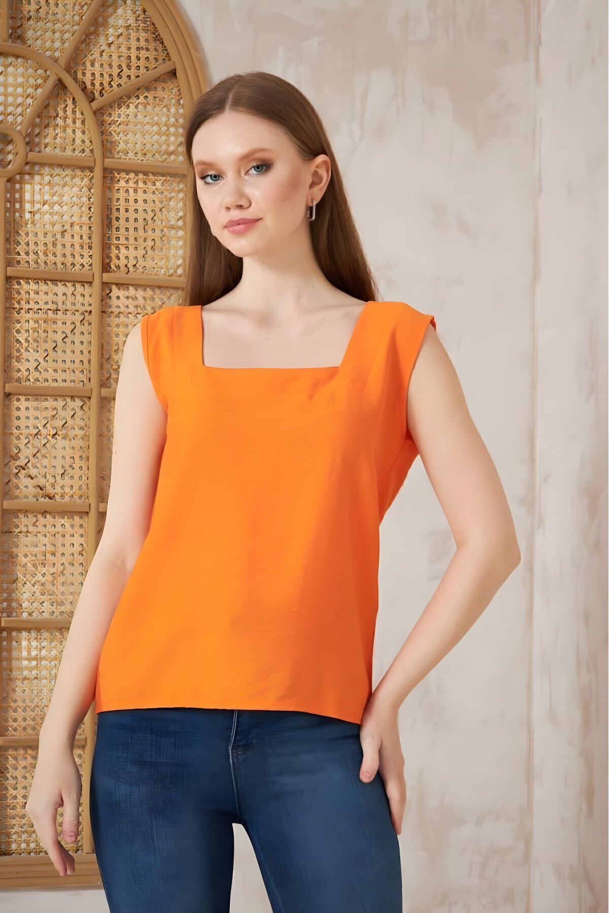 Turuncu Yazlık Kare Yaka Keten Bluz - Pasaklı Giyim