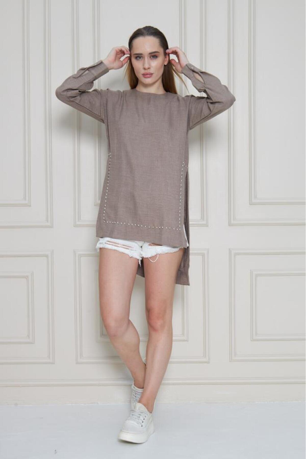 Long Sleeve Tunic Pearl Embellished Blouse - Mink - Pasaklı Giyim