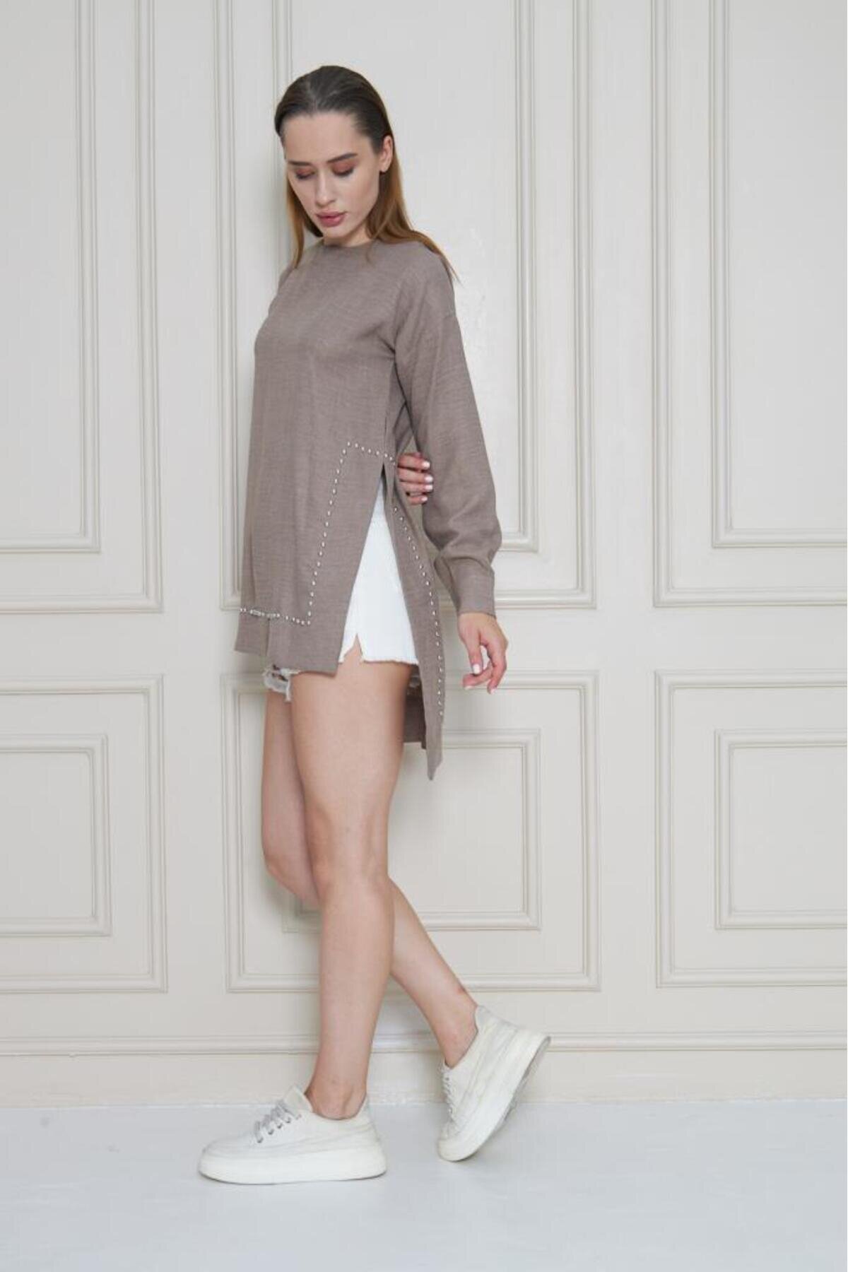 Long Sleeve Tunic Pearl Embellished Blouse - Mink - Pasaklı Giyim