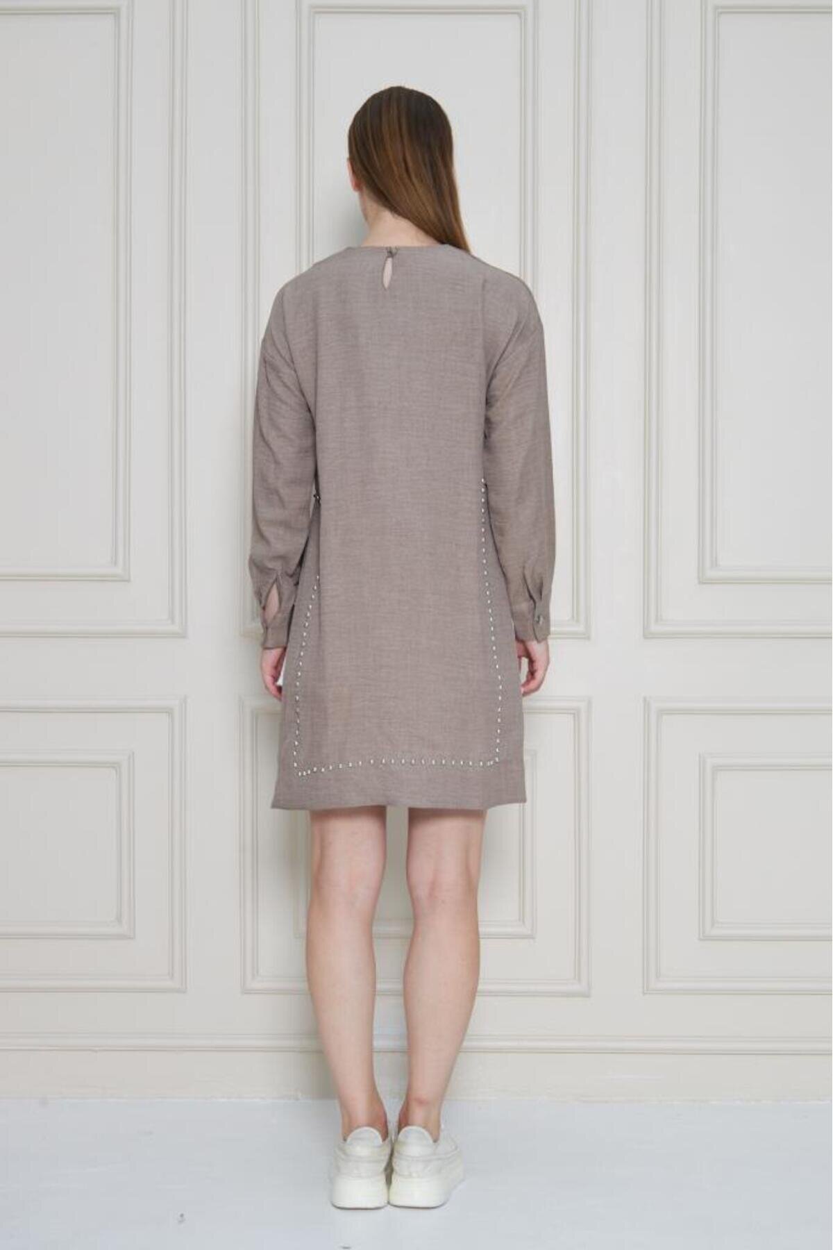 Long Sleeve Tunic Pearl Embellished Blouse - Mink - Pasaklı Giyim