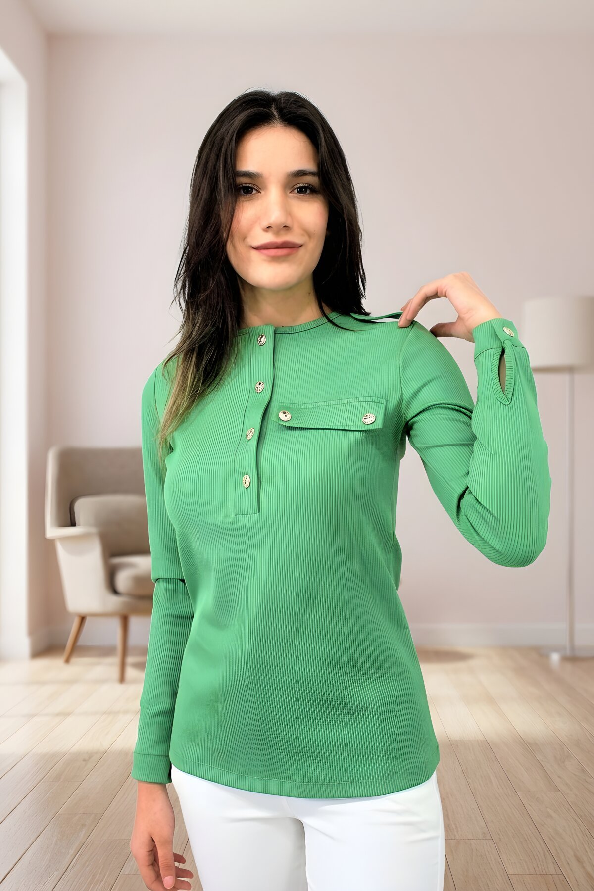 Long Sleeve Ribbed Epaulette Blouse - Green - Pasaklı Giyim