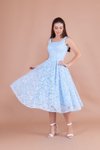 Bebe Mavi Fransız Dantel Midi Kare Yaka Kalın Askılı Abiye Elbise