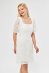 Beyaz Fransız Dantel Mini Balon Kol Abiye Elbise