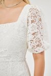 Beyaz Fransız Dantel Mini Balon Kol Abiye Elbise