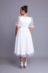 Beyaz İnci Tül Kaplamalı Midi Kare Yaka Kısa Balon Kol Abiye Elbise