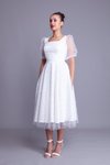 Beyaz İnci Tül Kaplamalı Midi Kare Yaka Kısa Balon Kol Abiye Elbise