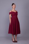 Bordo Çiçekli Midi Kloş Tül Detaylı Abiye Elbise