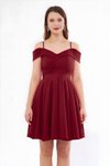 Bordo Mini Askılı Kloş Pileli Kayık Yaka Abiye Elbise