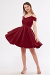 Bordo Mini Askılı Kloş Pileli Kayık Yaka Abiye Elbise