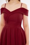 Bordo Mini Askılı Kloş Pileli Kayık Yaka Abiye Elbise