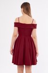 Bordo Mini Askılı Kloş Pileli Kayık Yaka Abiye Elbise