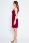 Bordo Mini Diz Üstü Kare Yaka Geniş Askılı Abiye Elbise